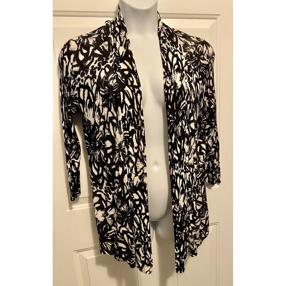 Chico's Women's Linen Blend Ikat Jacquard Cardigan Sweater Shirt 2 L Black White
